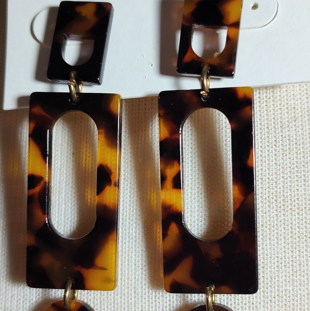 Tortoise Shell Geometric Dangle Earrings Nwot - image 2